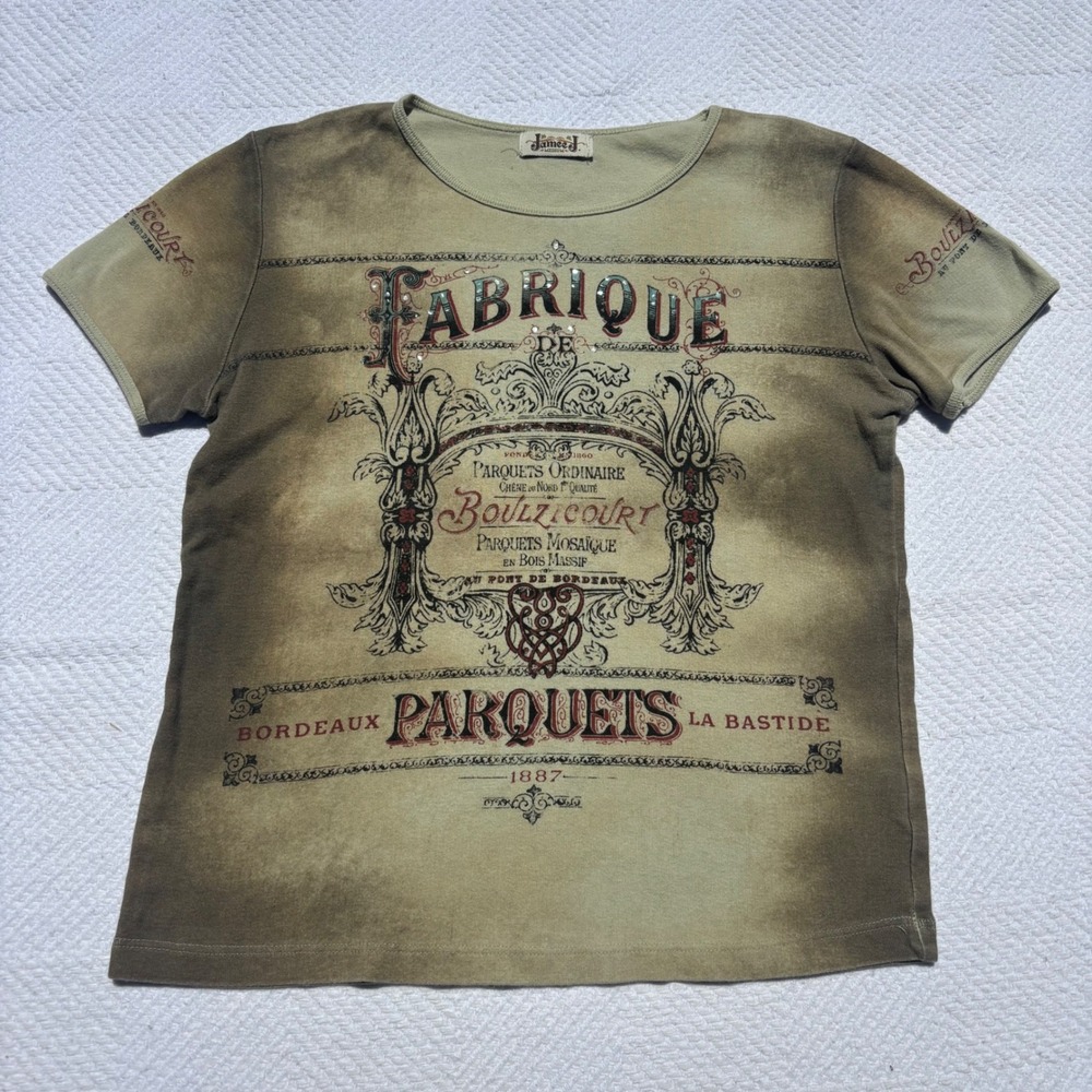 Women's M Vintage Y2K Jaimee J Bordeaux French Bling‎ Baby Cotton Graphic Tee